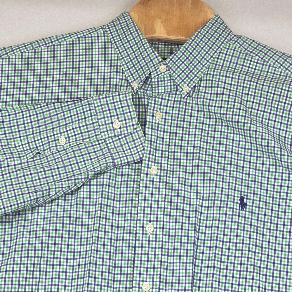 Ralph Lauren Men's Shirt 2XL Big Gingham Green‎ Blue Plaid Classic Fit